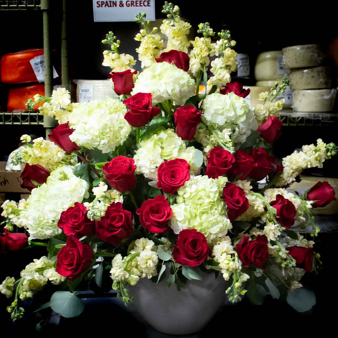 Red Roses & White Hydrangeas